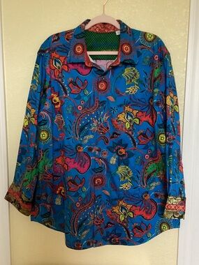 Robert Graham Green with Blue Script Limited Edition Hand Beaded Shirt